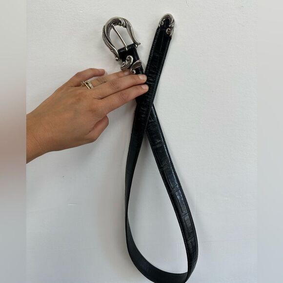 Vintage Black Leather Croc Embossed Western Belt Ornate Silver Buckle Size M - Picture 8 of 8